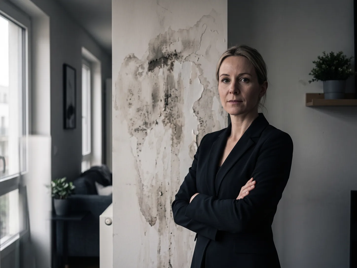 Sachverständige vor einer beschädigten Wand