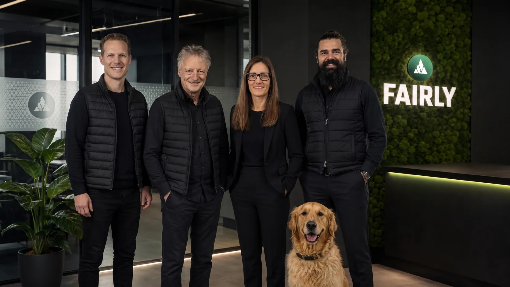 Das Fairly-Team vor der Logowand im Büro