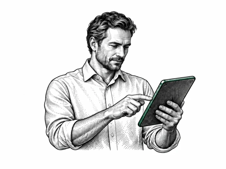 Ein Fachmann arbeitet aufmerksam mit einem Tablet.