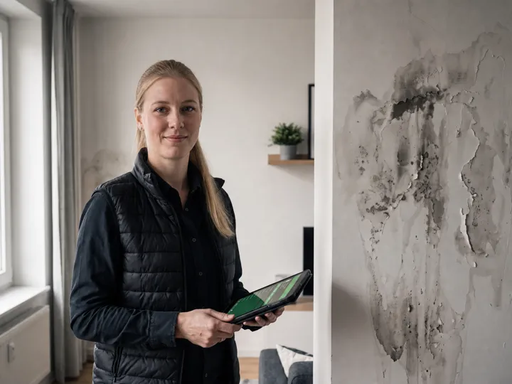 Reguliererin mit Tablet vor einem Wasserschaden in einer Wohnung