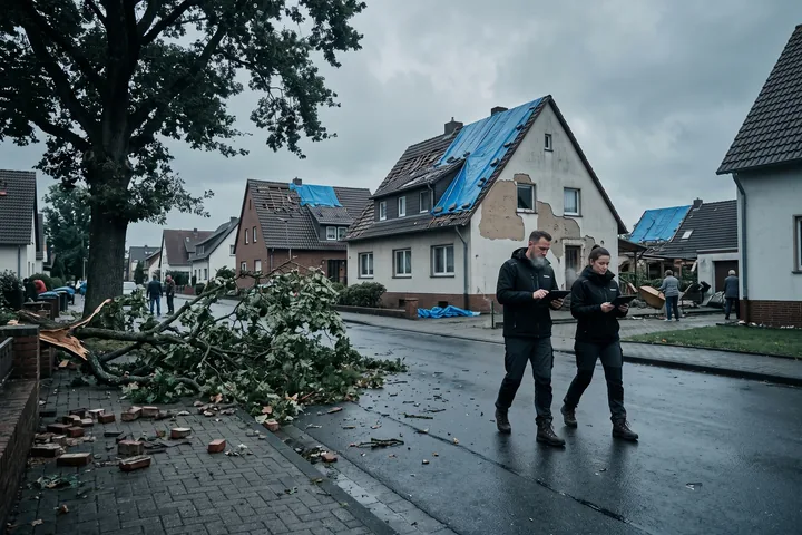 Wohngebiet mit beschädigten und provisorisch abgedeckten Dächern nach einem Sturm